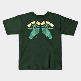 Green hands with yellow flowers on green background Kids T-Shirt